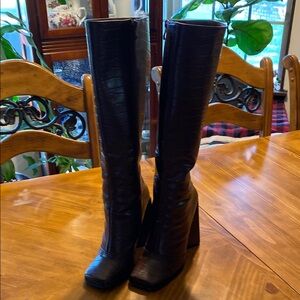 Tall chocolate brown, Croc-Texture Knee Boot with Sculpted Block Heel.